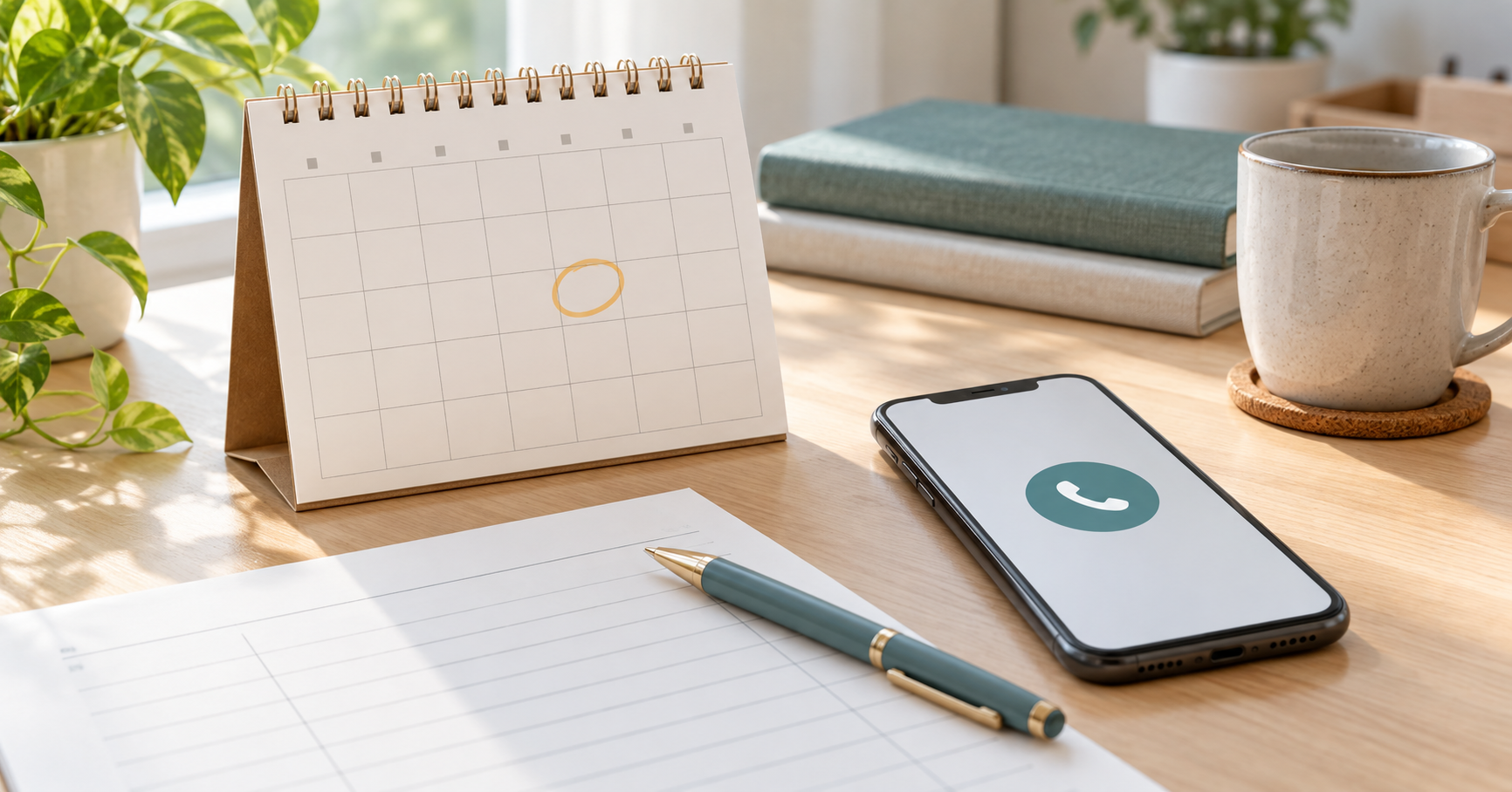 返済予定を確認するカレンダー、連絡用のスマートフォン、家計の用紙を並べた机
